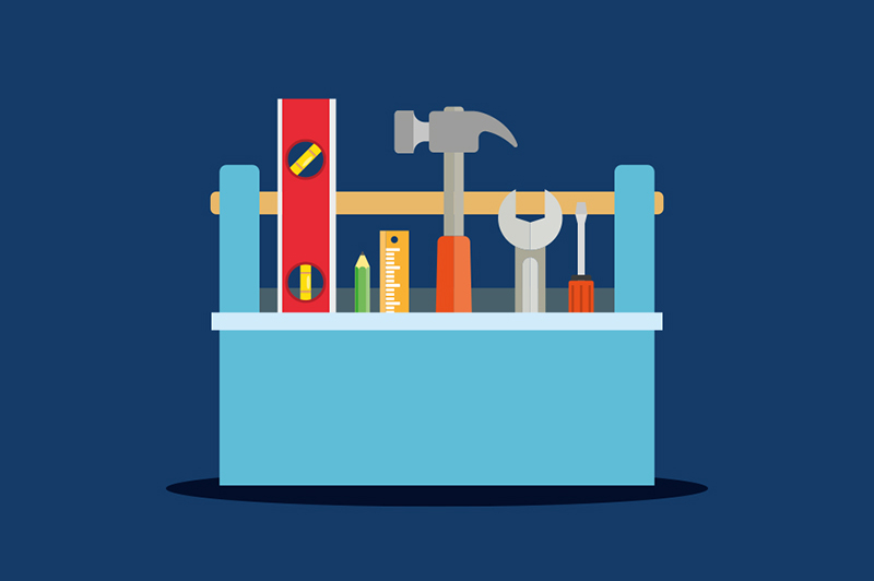 Illustration of a toolbox filled with common tools.